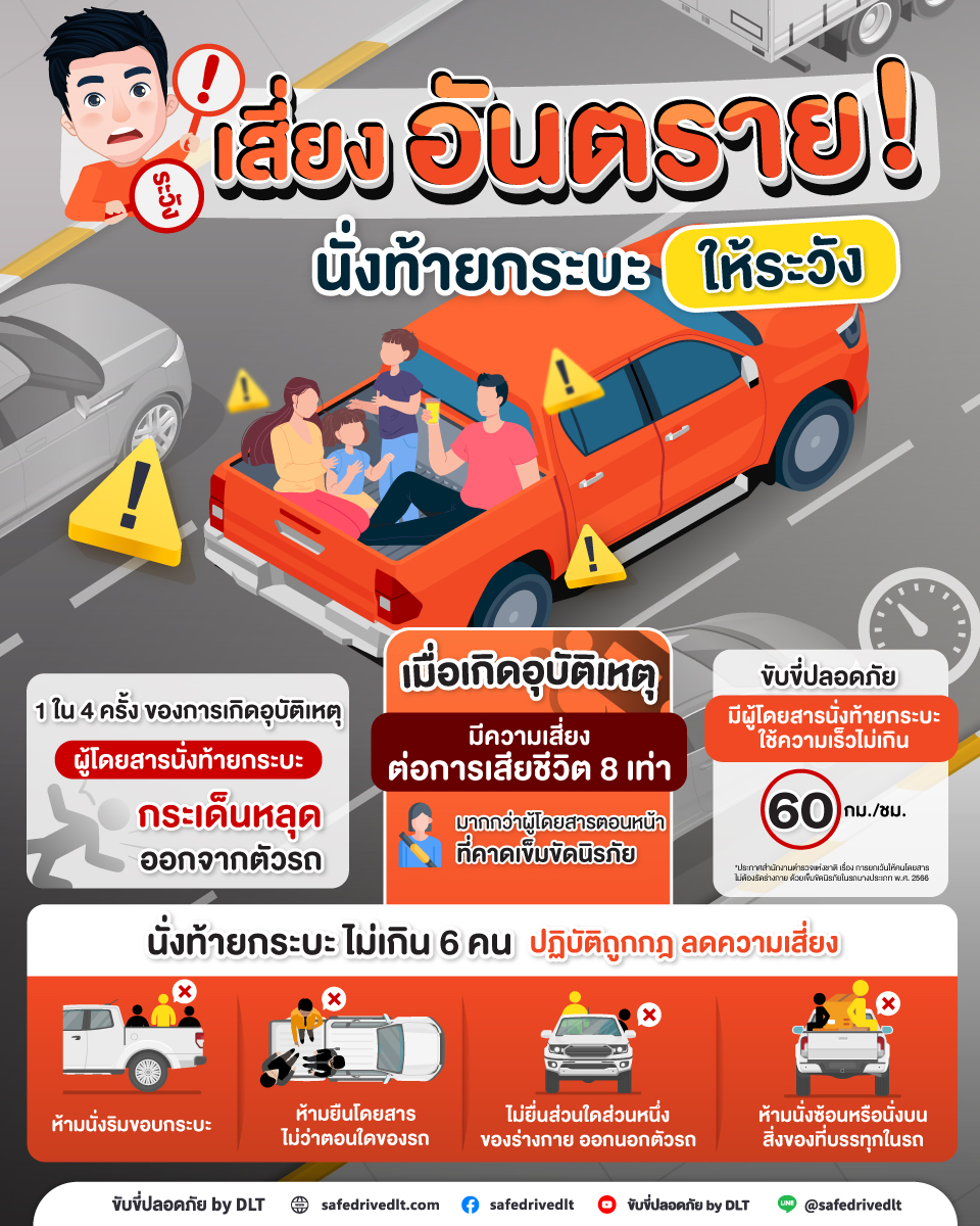 นั่งท้ายกระบะให้ระวัง เสี่ยงเสียชีวิต 8 เท่า! 1 เสี่ยงอันตราย นั่งท้ายกระบะให้ระวัง